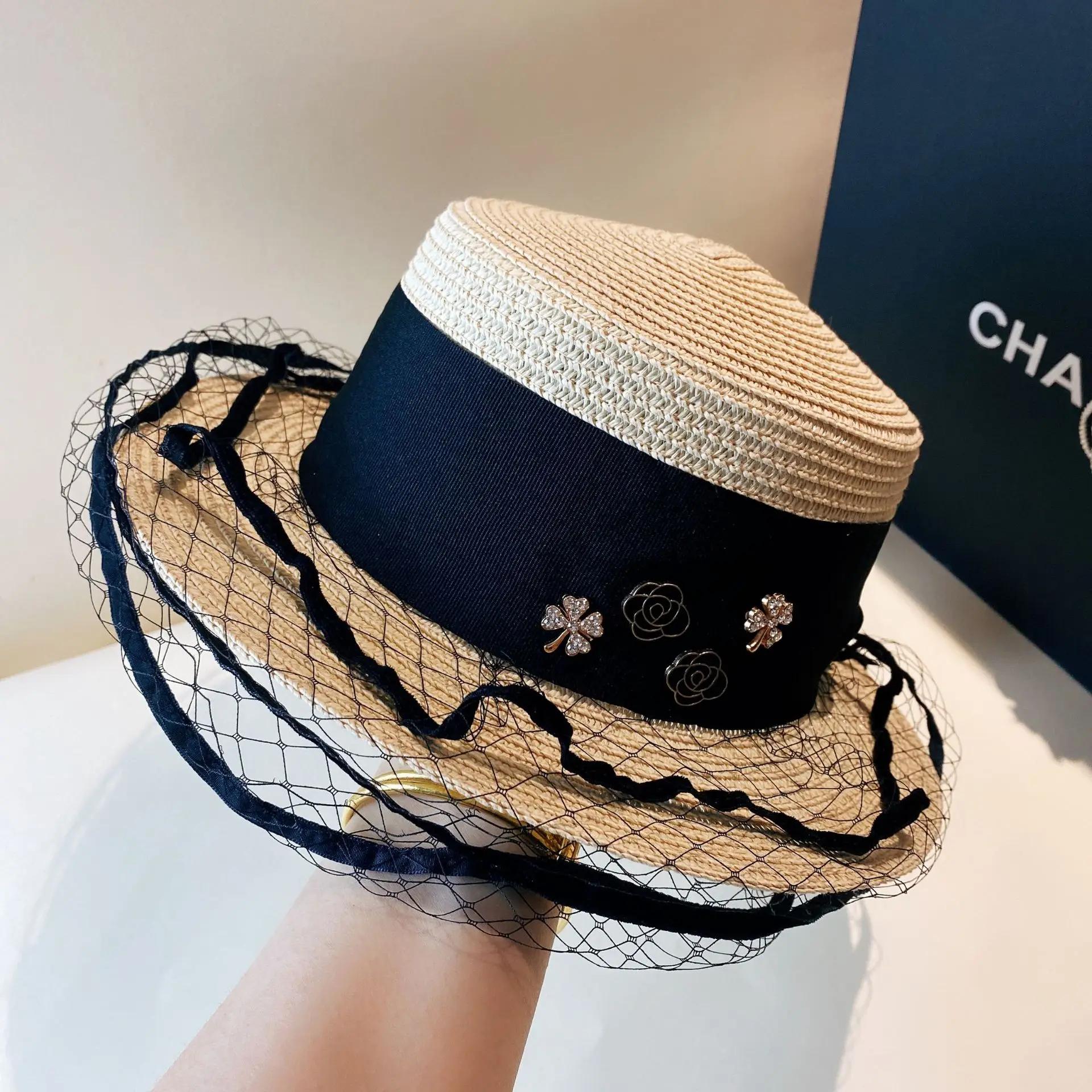 Summer French ladies Xiaoxiang wind retro elegant mesh bow straw hat female beach photo flat edge sunscreen hat
